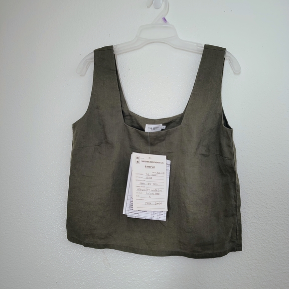 The Reset 100% Linen Olive Green Boxy Tank Top Size S Rare Photo Sample - Picture 11 of 11